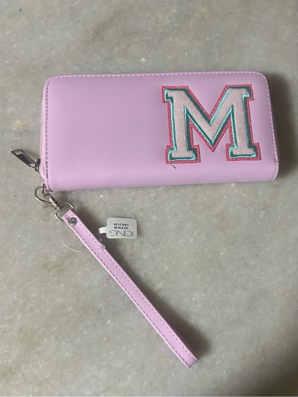 Pink Zip-Around Wristlet Wallet with 'M' Patch
